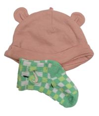 2Set - Růžová čepice s oušky F&F + zeleno/bílé kostkované ponožky s logem Nike
