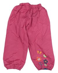 Tmavorůžové šusťákové podšité oboustranné kalhoty s kytičkami a motýlkem a ptáečkem