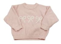 Svetloružový rebrovaný oversize sveter s mašličkami