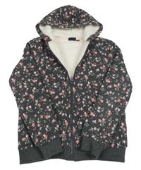 Tmavošedá melírovaná propínací zateplená mikina s kytičkami a kapucí alive