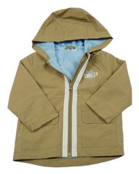 Piesková á šušťáková jarná bunda s nápismi a kapucňou