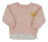 Svetloružová mikina s medvedíkom a všitým bílým trikem