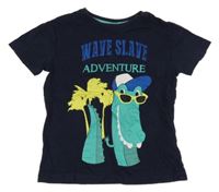 Tmavomodré tričko s dinosaurem a palmami a nápisy Kiki&Koko