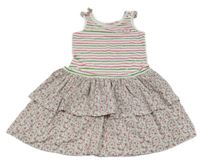 Bielo-ružovo-zelené pruhované šaty s kvietkami a volánikom a mašľami Kids