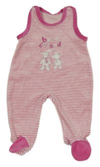 Růžovo-bílo-tmavorůžové pruhované sametové dupačky s myškou a zajačikom