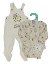 Nové - 2Set - Bílé žebrované sametové dupačky s Pú + světlebéžové melírované body PRIMARK