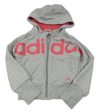 Šedá melírovaná propínací mikina s nápisem a kapucí Adidas