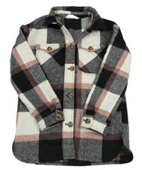 Černo-bílo-starorůžová kostkovaná vlněná košilová bunda H&M