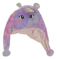 Fialovo-růžovo-světlemodrá chlupatá čepice - jednorožec