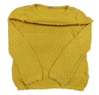 Horčicový sveter s perforovaným vzorom a volánem Tu