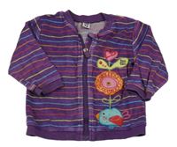 Fialovo-farebná pruhovaná zamatová prepínaci mikina s vtáčikom a kvetmi TucTuc