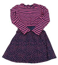 Tmavomodro-fuchsiové bavlněno/lehké šaty s pruhmi a bodkami