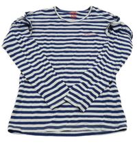 Tmavomodro-biele pruhované tričko s nápisom a volánikmi Tchibo