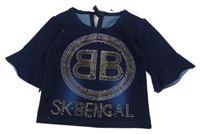 Tmavomodré teplákové triko riflového vzhledu s kamienkami