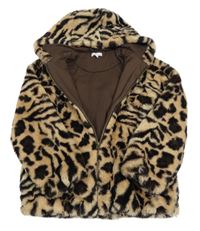 Hnedo-čierna kožušinová podšitá bunda s leopardím vzorom a kapucňou Bluezoo