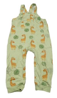 Zelené laclové tepláky s žirafami a listy