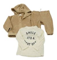 3set - Hnědá žebrovaná sametová propínací mikina s kapucí + tepláky + smetanové triko s nápisem F&F