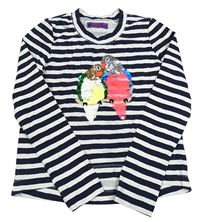 Tmavomodro-bílé pruhované triko s papoušky z překlápěcích flitrů