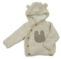 Béžovo-bílý pruhovaný podšitý propínací svetr s králíkem a kapucí Mothercare