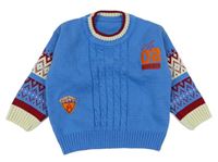 Modro-béžovo-červený vzorovaný sveter s číslom