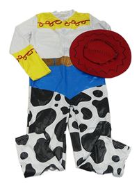Kostým - 2 set - Bílo-modro-černo-bílý vzorovaný overal + červený klobouk - Jessie