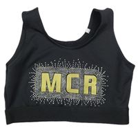Čierny športový crop top s nápisom a kamienkami