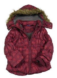 Vínová vzorovaná šusťáková zimní bunda se srdíčky a kapucí Lupilu