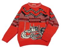 Červeno-čierny vzorovaný sveter s nápismi