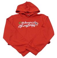 Červená crop mikina s nápisom a kapucňou