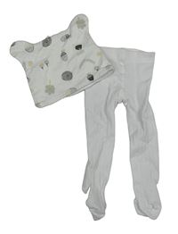 2 set - biele punčocháče + biela čapica s obrázkami