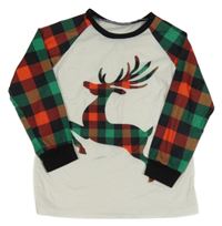 Bílo-černo-zelené kostkované pyžamové triko se sobem 