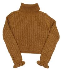 Hnědý třpytivý crop svetr s rolákem