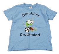 Modré tričko s nápisom a obrázkom