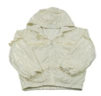 Perleťová šušťáková jarná bunda s volánikmi a kapucňou