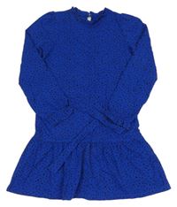 Modro-čierne bodkovaná é šaty s volánikom a opaskom WE