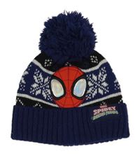 Tmavomodrá vzorovaná pletená čepice se Spidermanem a bambulí 
