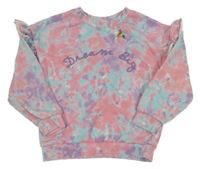 Ružovo-světlemodro-fialová batikovaná mikina s nápisom a vtáčikom Primark