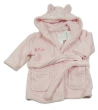 Nové - Světlerůžový plyšový župan se nápisem a kapucí 