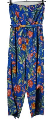 Dámský modrý květovaný kalhotový culottes overal s páskem Primark 