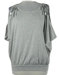 Dámská šedá balonová halenka s volnými rameny a flitry 