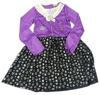 -Kockovaným fialovo-čierne šaty s broží a potlačou