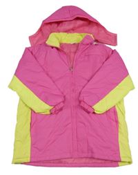 Růžovo-žlutá šusťáková zateplená bunda s kapucí