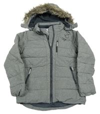 Šedá šusťáková zimní bunda s číslem a kapucí 