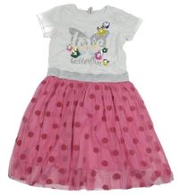 Bílo-růžové puntíkaté bavlněno/tylové šaty s flitry a motýlem Dopodopo