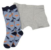 2 Set - Sivé boxerky + Modré ponožky s diny