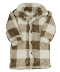 Hnědo-bílý kostkovaný chlupatý kabátek shein