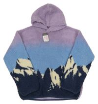Nové - Lila-modro-tmavomodrá huňatá mikina s horami a kapucí Primark