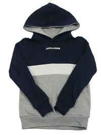Sivo-tmavmodro-biela mikina s logom a kapucňou Jack & Jones
