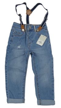 Nové - Modré rifle s prošoupáním a odepínacími kšandami Primark