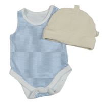 2set - Modro-biele pruhované body + béžová žebrovná čapica